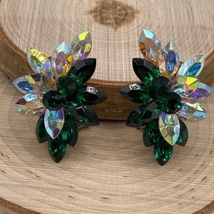 Vintage Green & Clear Iridescent Aurora Borealis Post Earrings Hinged Backing